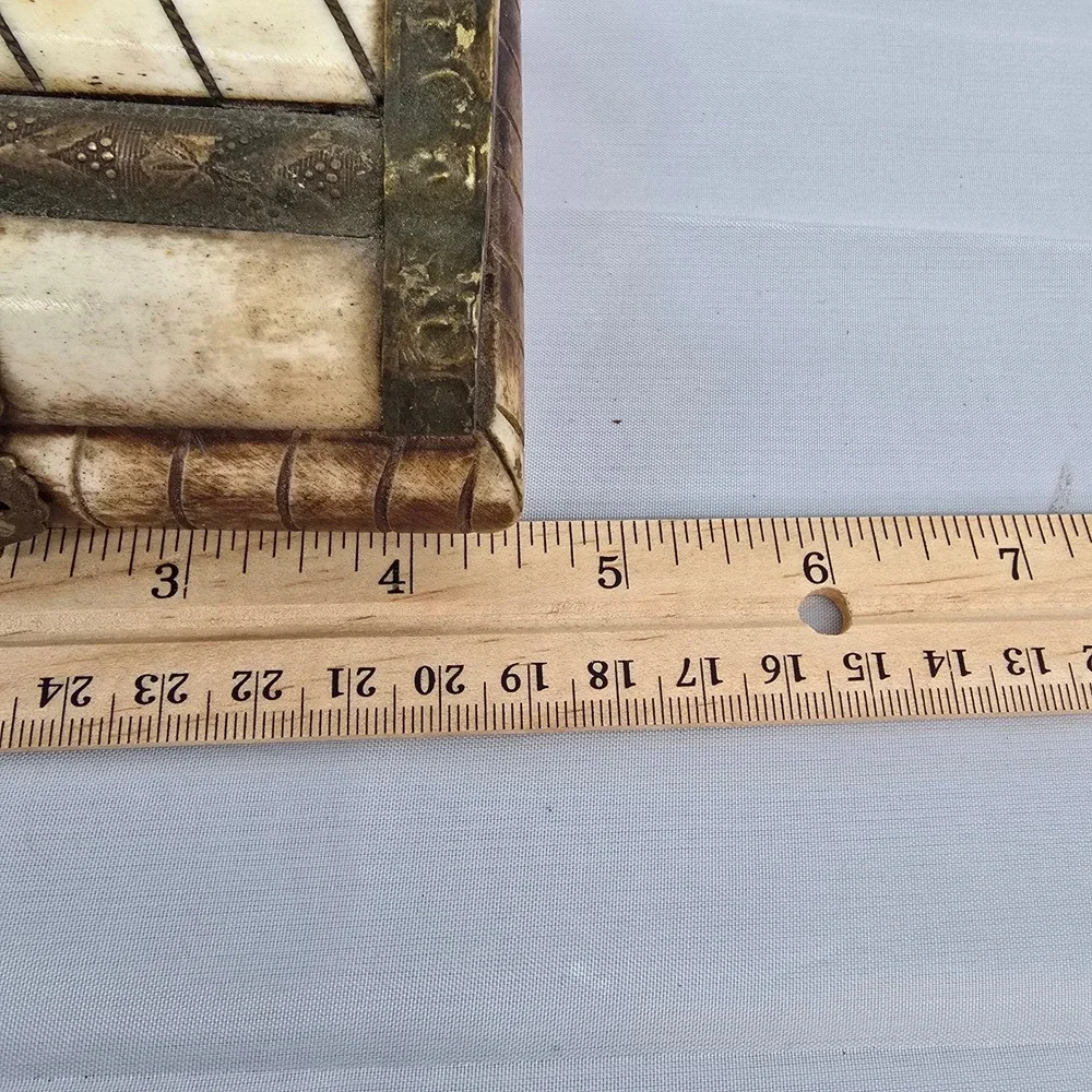 Vintage Camel Bone Trinket Box India Brass Inlay Velvet Lined Jewelry Chest
